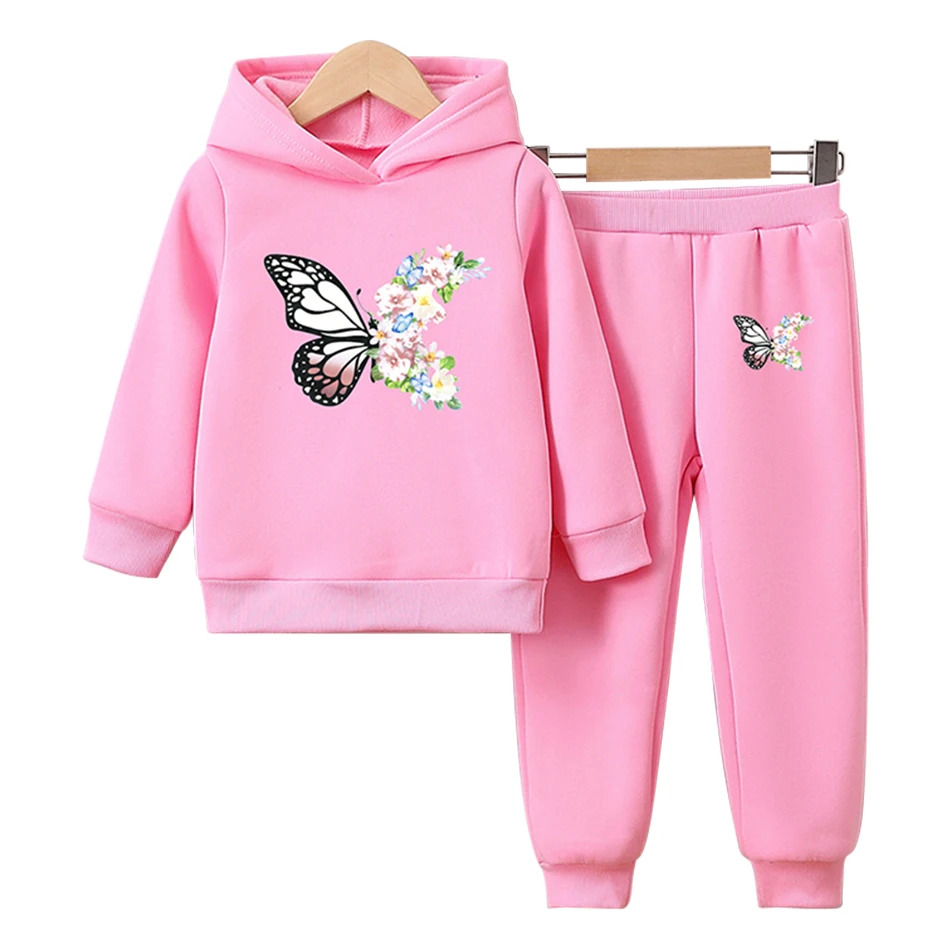 Elegant Girls Hoodie and Plush Lined Long Pants Sets Butterfly Pattern Designed for Ultimate Comfort and Fashion in Cool Seasons