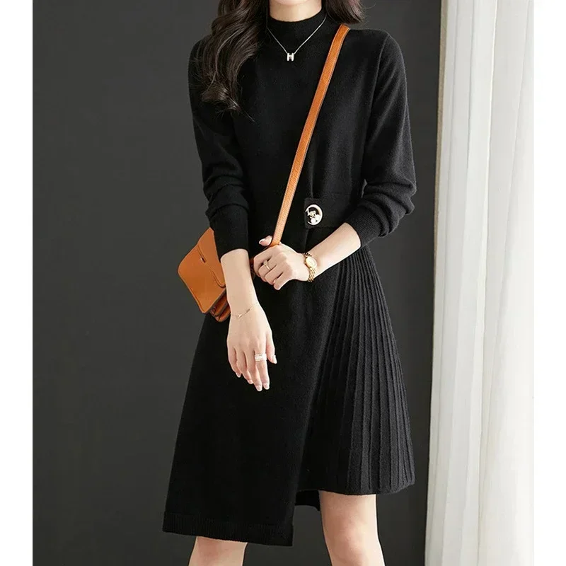 2024 New Semi High Neck Elegant Woolen Dress for Women's Autumn and Winter New Look Slim, Medium Long Base Knitted Dress