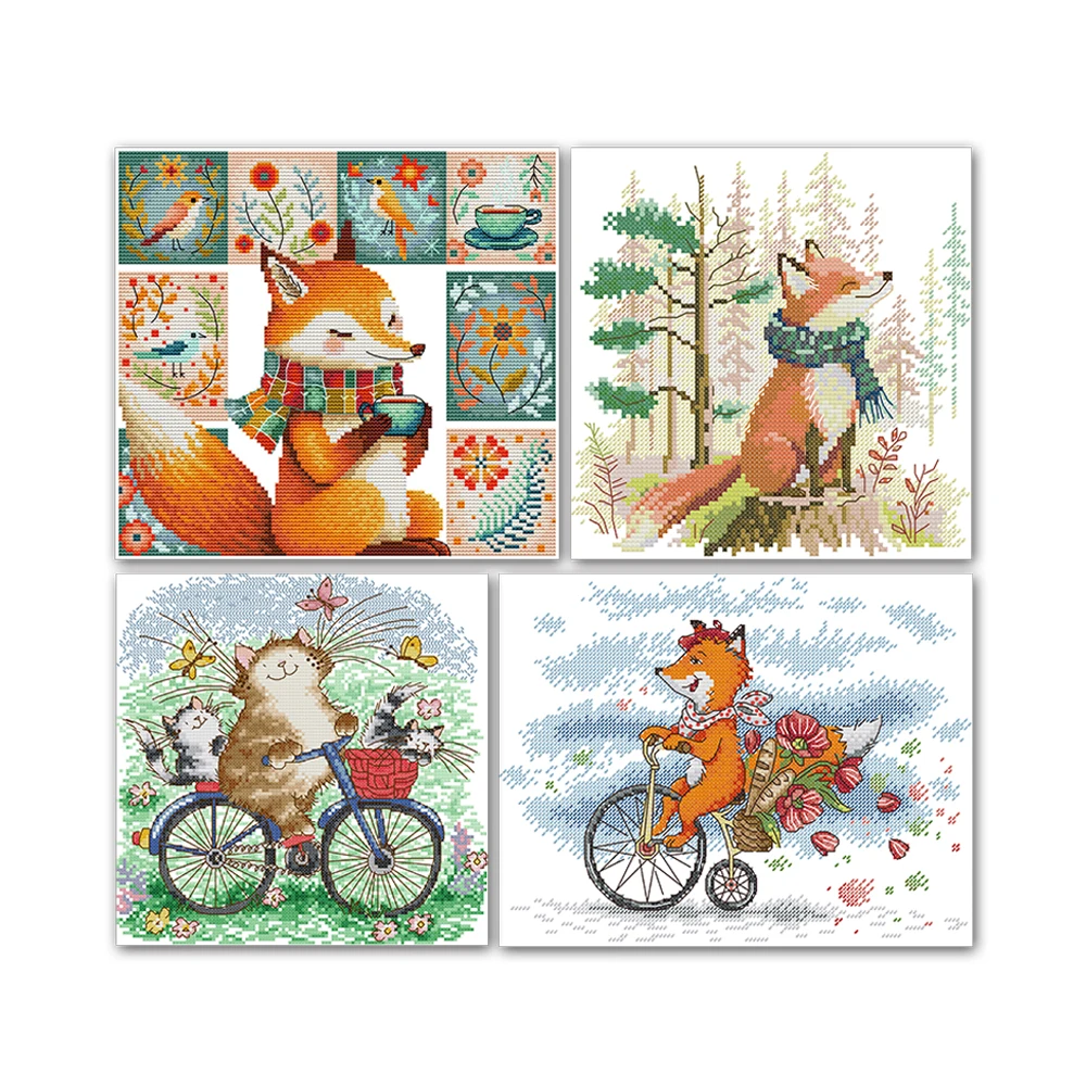 Joy Sunday Coffee Fox With Scarf Cat Family On A Bike Ride Outing Little Fox On A Bike Cross Stitch, DB074, DB109, DB132, DB133