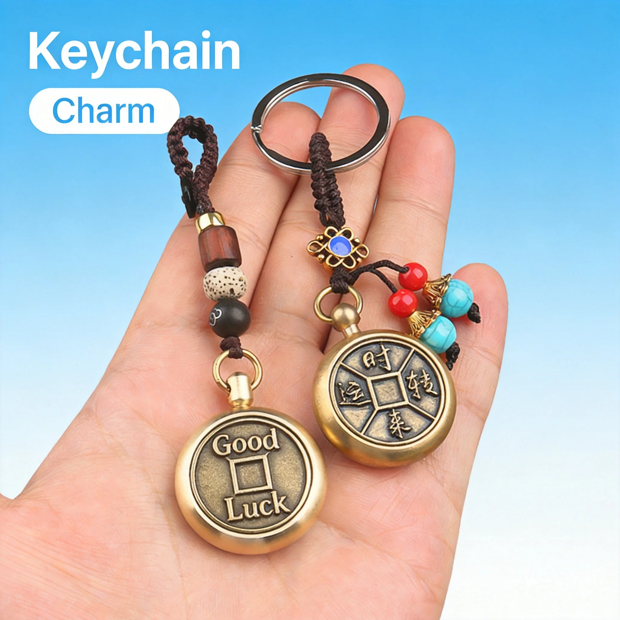 

2026 Pure Brass Rotatable Good Luck Couple Keychains Chinese Style Fortune Spinner Car Key Chain Bag Pendant Charm For Men Women