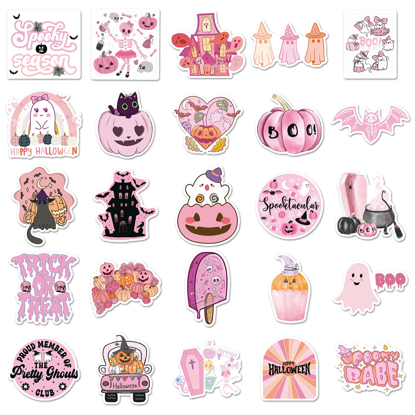 50PCS Rosa Halloween Aufkleber Niedliche Geister Cartoon Aufkleber Festliche Dekorationen Spielzeug Kühlschrank Laptop Gitarre Auto Fahrrad Graffiti Aufkleber