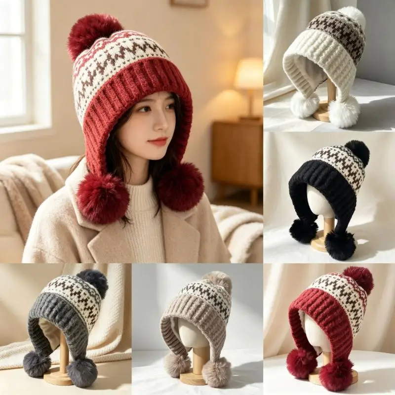 Slouchy Fair Isle Knit Beanie Thermal Fleece Lined Ear Flaps Windproof Warm Winter Hat for Cold Weather