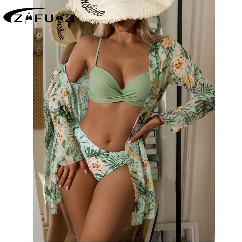 

ZAFUAZ 3PCS Halter Swimsuit Women Print Bikini 2024 Woman Sexy Bikinis Set Swimwear Women Bather Bathing Suit Beachwear Skirt