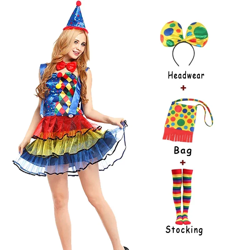 كرنفال المهرجين زي الكبار الإناث البدلة تأثيري عالية الجودة السيرك فستان بتصميم حالم مع حقيبة أغطية الرأس C
