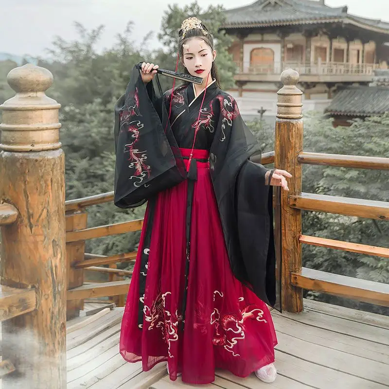 Manto de seda chinês feminino, hanfu antigo, hanfu preto e vermelho, quimono tradicional, saia étnica ru, fantasia de dança, cosplay tradicional