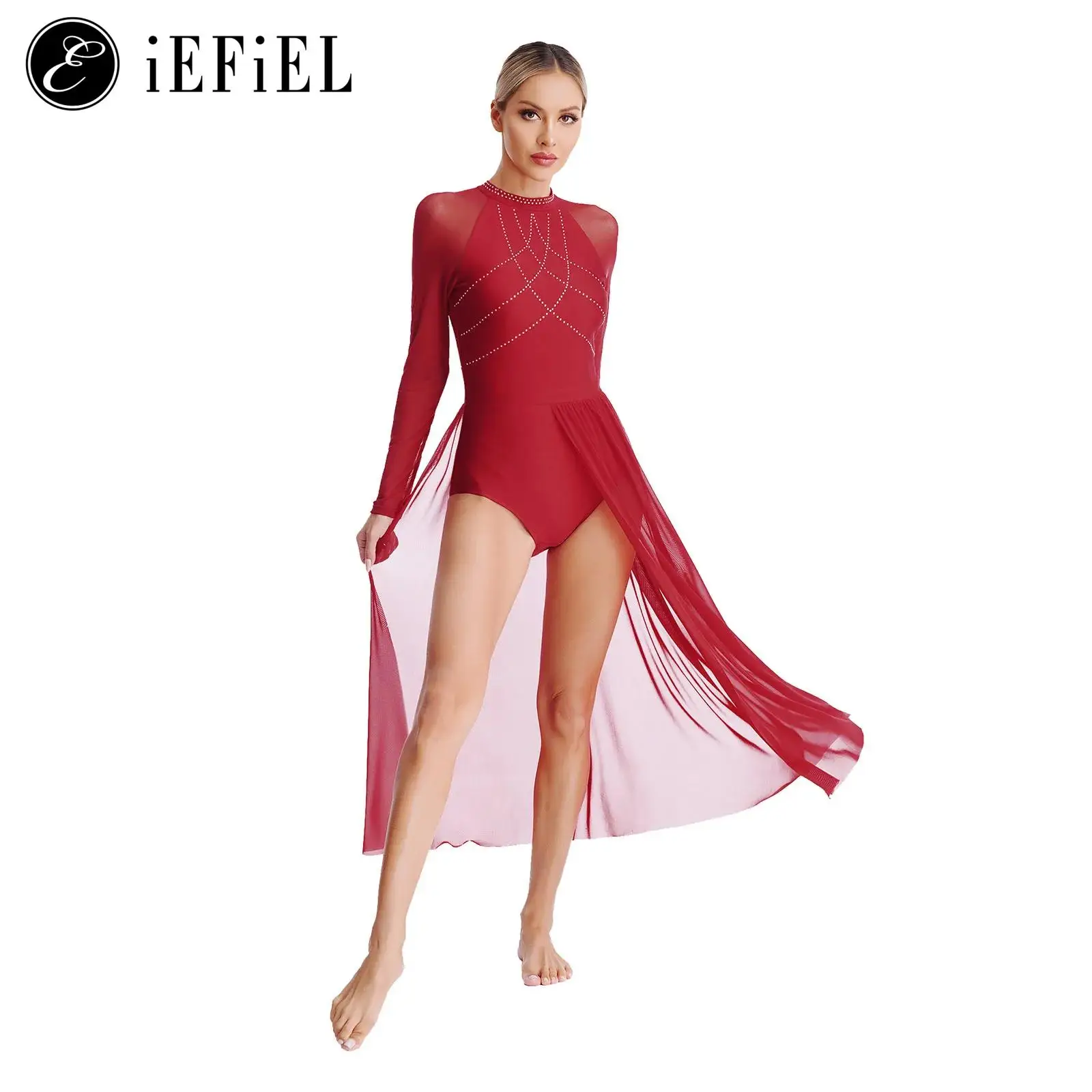 Womens Lyrical Stage Performance Costume Shiny Rhinestone Long Sleeve Sheer Flowy Tulle Split Dress Leotard for Ballroom Dance