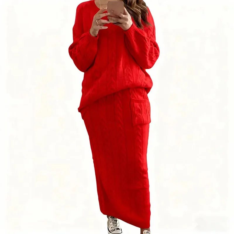 

Осенне-зимняя новинка: женский комплект из свитера и юбки в европейском и американском стиле с узором «косы», для офиса и повседневной носки