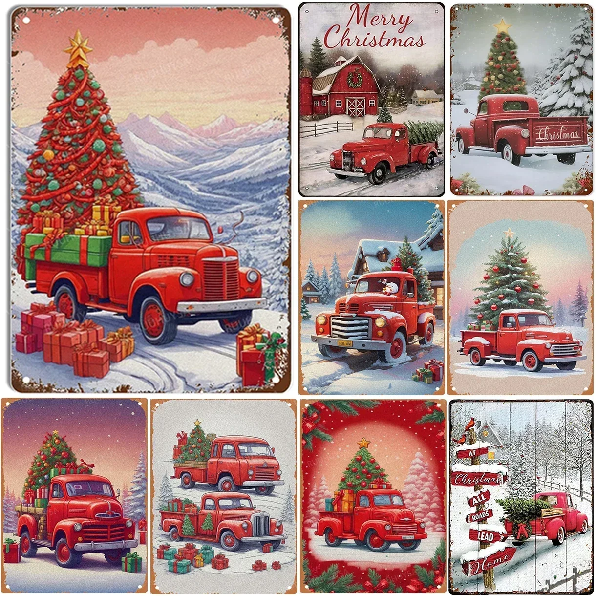 

Vintage Red Truck Christmas Metal Tin Signs Wall Art Posters for Garden Garage Home Cafe Bars Pubs Club Iron Painting Decorati