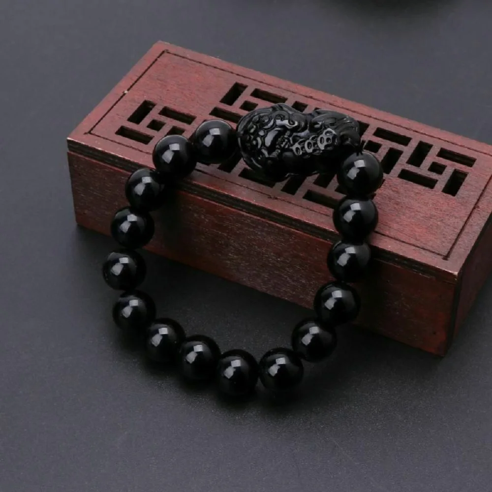 Unisex New Men Attract Wealth Feng Shui Pixiu Bracelets Wristband Good Luck Bangle Obsidian Stone Beads