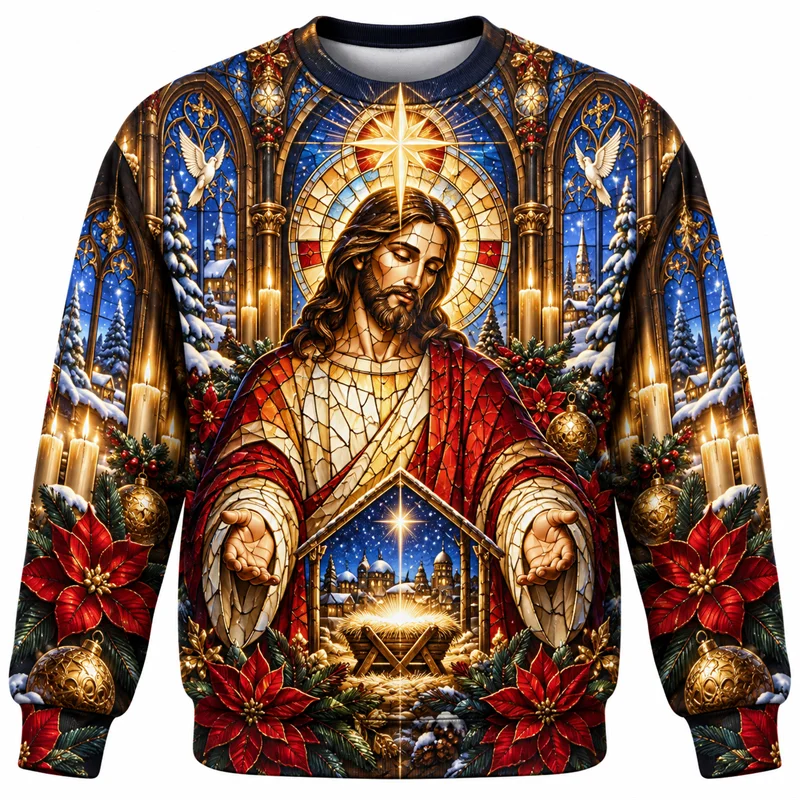 Jesus Christmas Sweatshirt Christian Faith Nativity Angel Sacred Heart Crewneck Xmas Pullover Holiday Religious Gift Casual Top