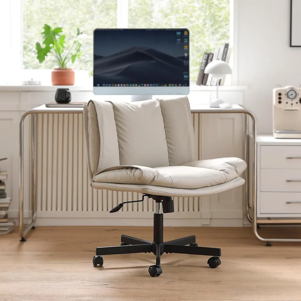 Criss Cross Chair with Wheels, Armless Cross Legged Office , Computer Task Chair, Wide Seat Cute Chair for Home Office(Beige)