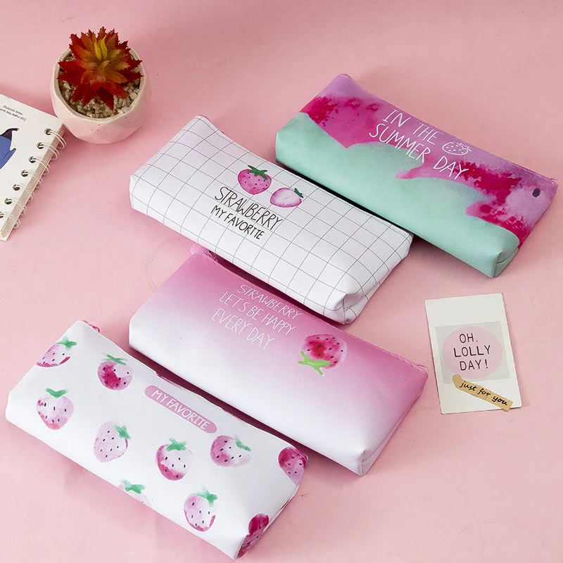 

16 pcs/lot Creative Strawberry Pencil Case Kawaii PU Leather Pencil Box Stationery Pen Bag Stationery School Supplies