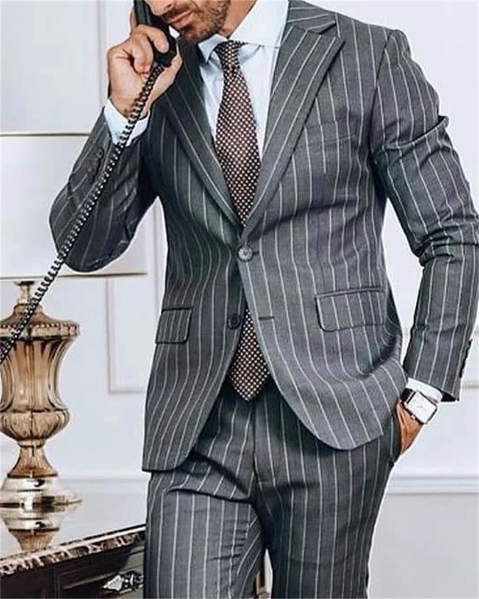 Gray Pinstripe Men Suits Business Office Tuxedos Slim Fit 2 Pieces (Blazer+Pant) Single Breasted Formal Prom Party Custom Made