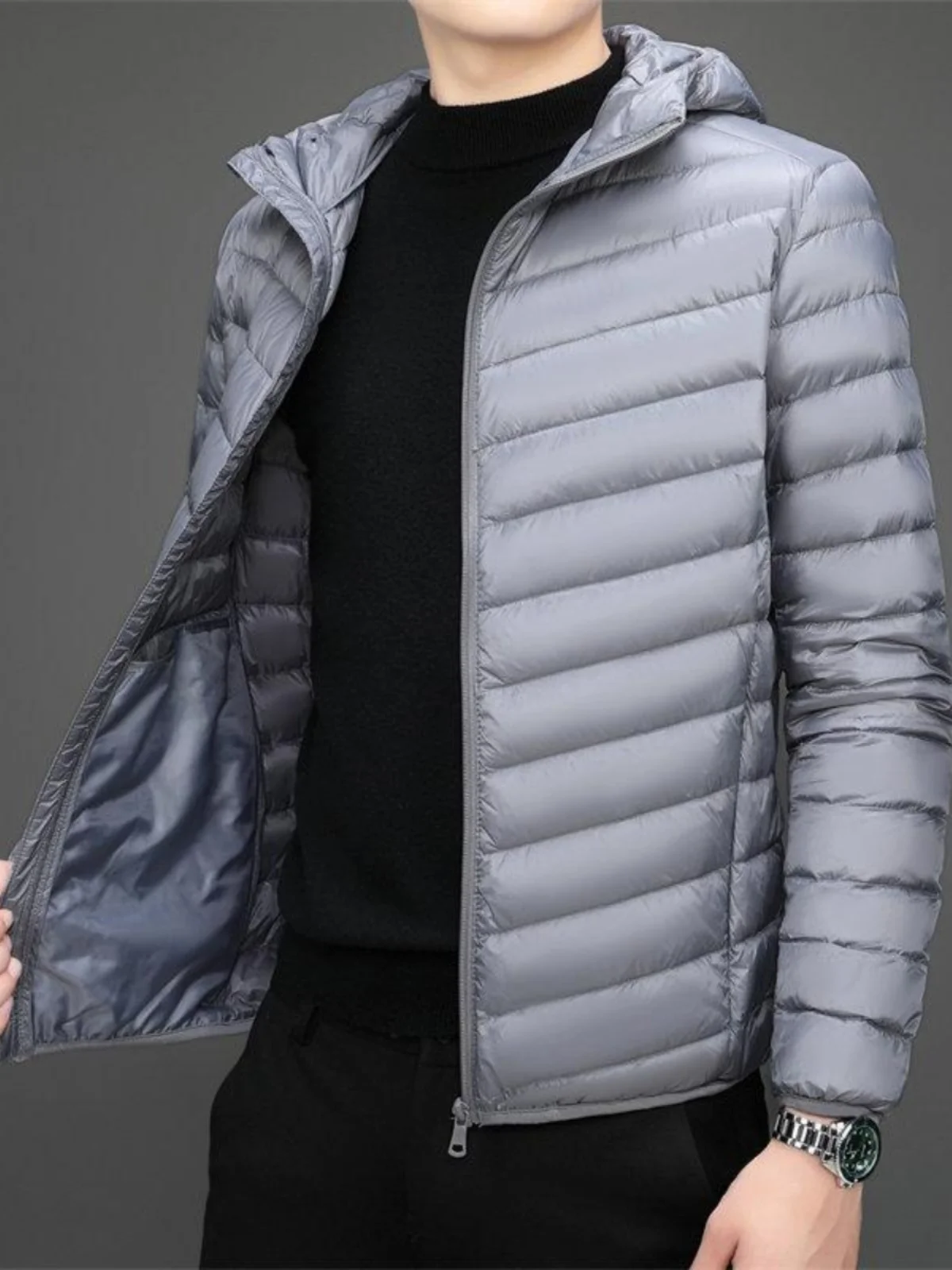 Men's Winter Cotton Jaet Lightweight ort down Workwear Coat Warmth Modern Sle Hooded Zipper Closure Faion Urban