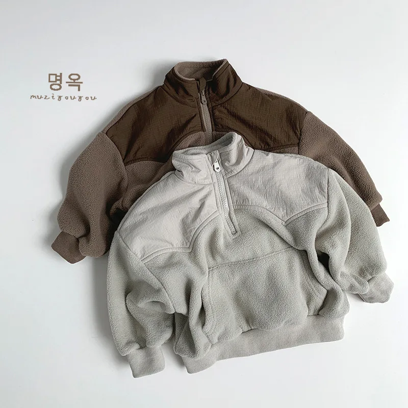 

Осенне-зимняя детская флисовая толстовка с капюшоном, новый контрастный цвет, воротник-стойка, полумолния с карманом, повседневные свободные топы