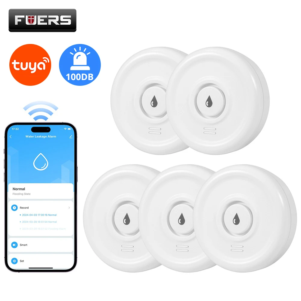 Paquete de 5 detectores de fugas de agua WIFI, dispositivos inteligentes de fugas de inundación Tuya, alarma de goteo para cocina, baño, inodoro, alerta de lavandería