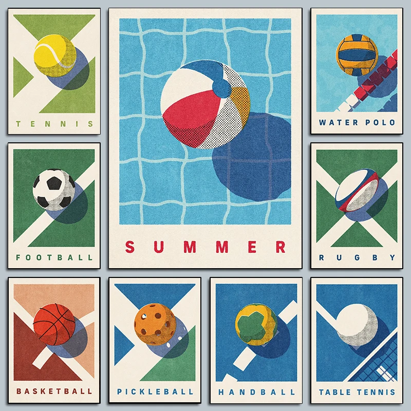 (1PC Unframe)Funny Sports Balls Summer Games Posters Rugby Basketball Prints Sports Nursery Canvas Painting Wall Pictures Boys B