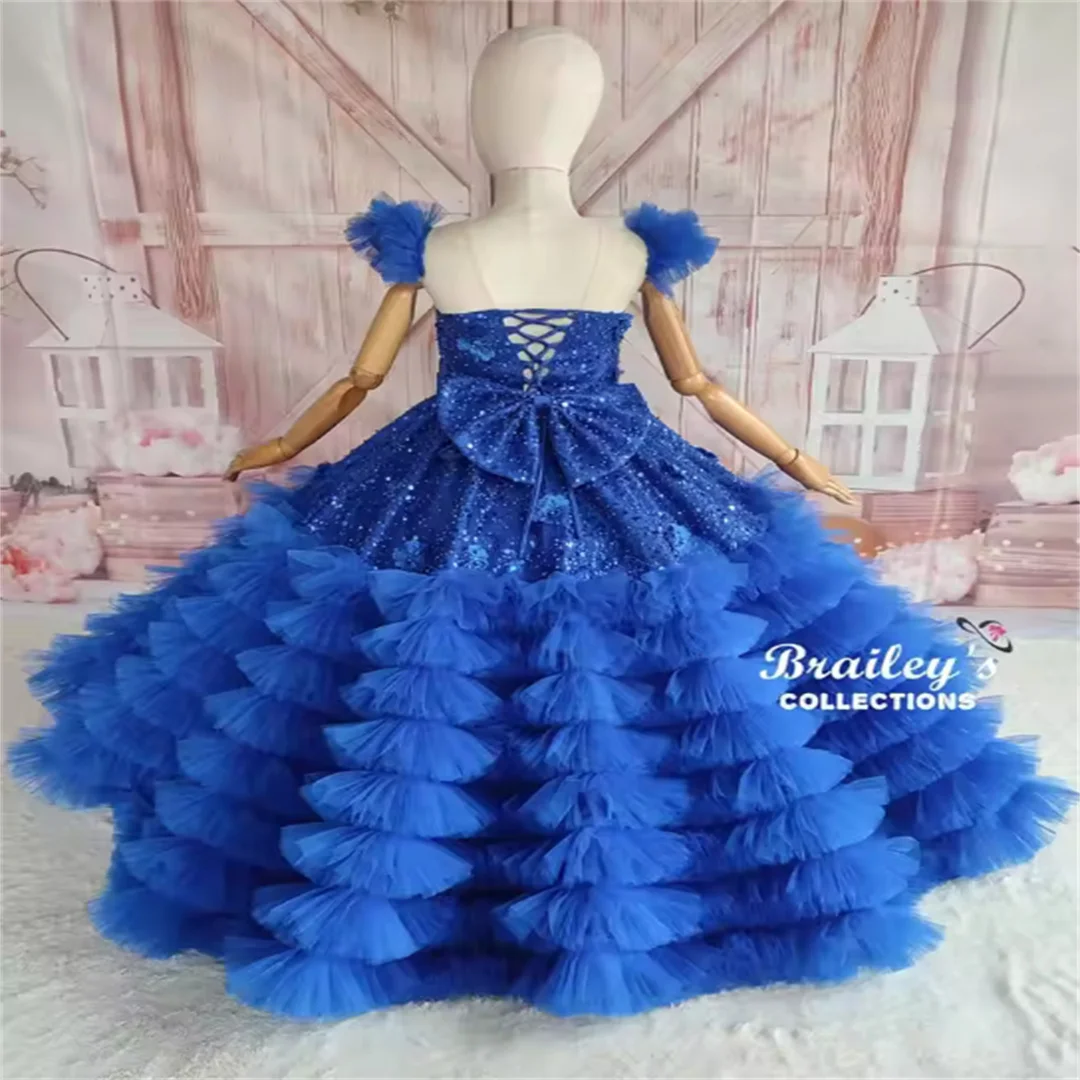 Customized Royal Blue Girl Pageant Dress Flower Girls Dresses for Wedding Customized Sequined Kids Ruffles Party Birthday Gowns