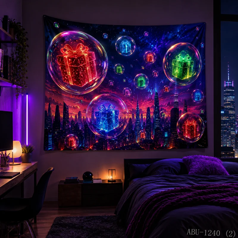 VIKAMA Neon City Night Gift Box Skyscraper Cyberpunk Starry Present Christmas Tapestry Bedroom Living Room Dorm Home Decor Soft