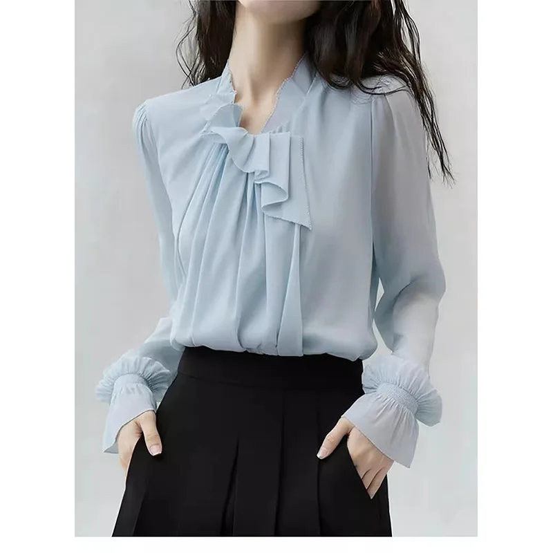 

Top Gentle Ruffle Shirt Women White Fashion Elegant Temperament