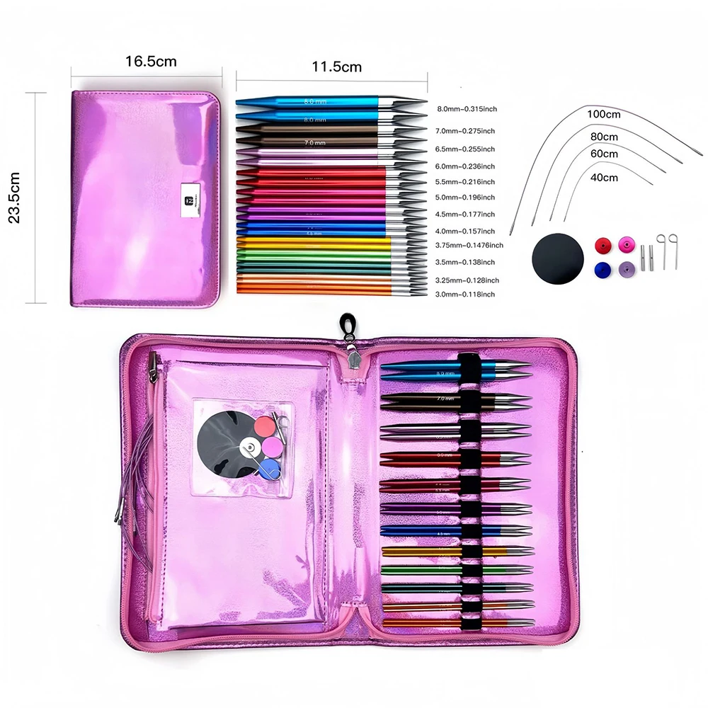 12 Pairs Interchangeable Aluminum Circular Knitting Needle Sets with Case Size 3.0mm-8.0mm for Handmade DIY Enthusiasts Knitting