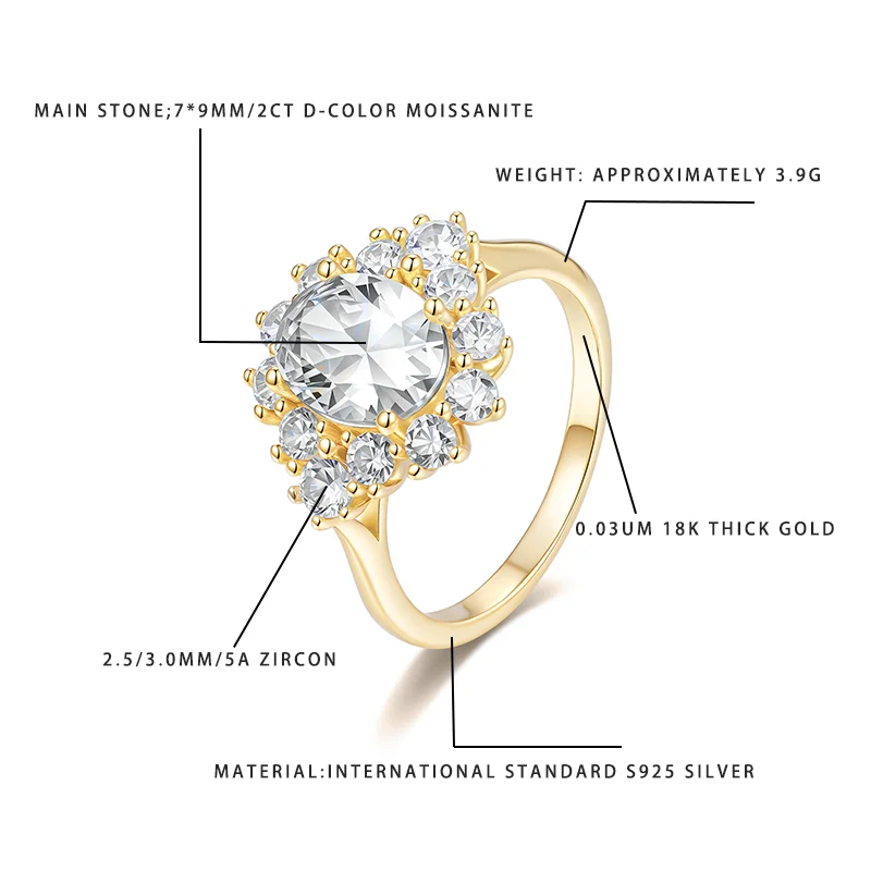 

2CT D-Color Moissanite Ring 7*9MM S925 Silver 18K Gold Plated Zircon Cluster Flower Women Engagement Jewelry