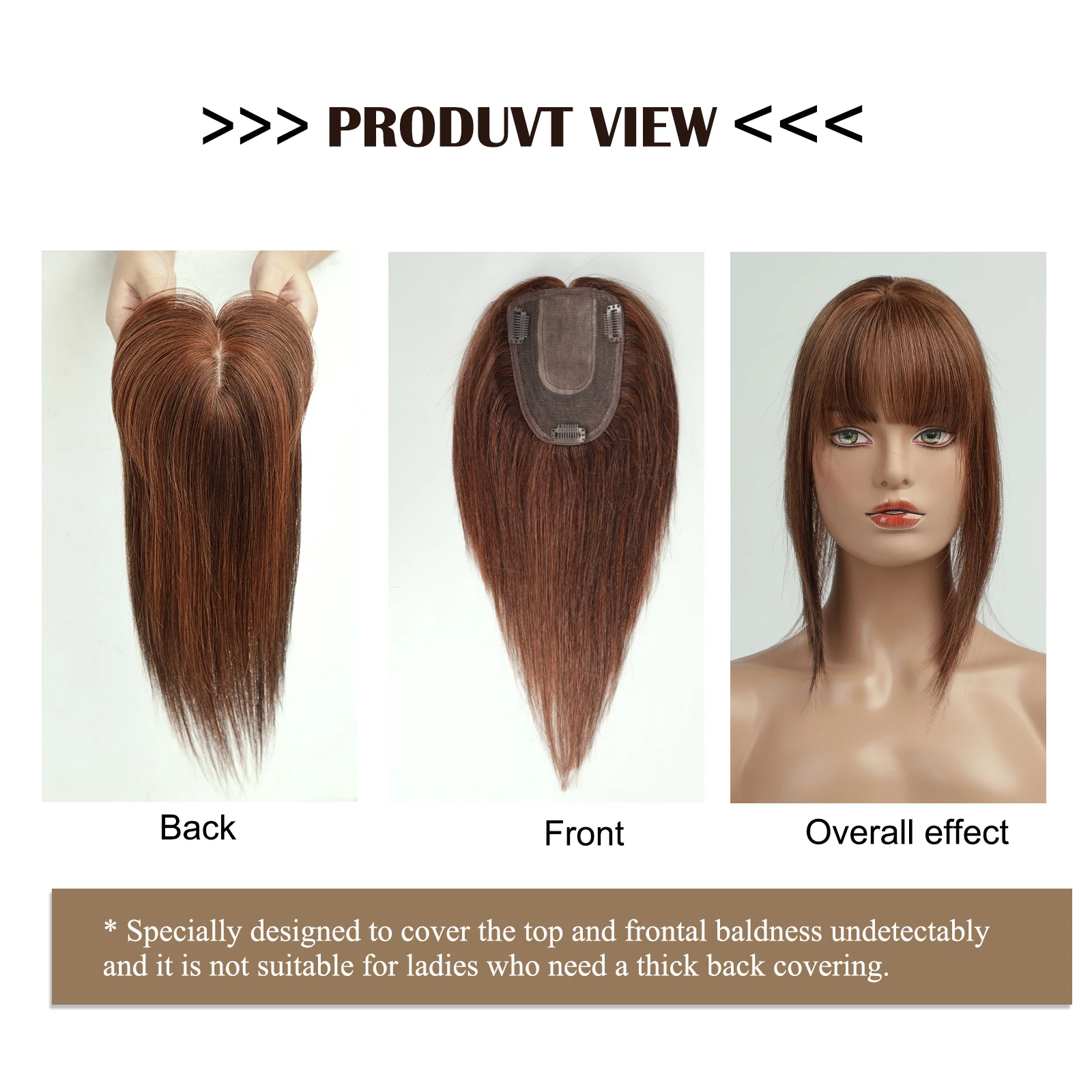 10/12/14inch Human Hair Piece for Women 100% Remy Human Hair Topper Wigs with Bangs Auburn Silk Base Clips in Hair Extension