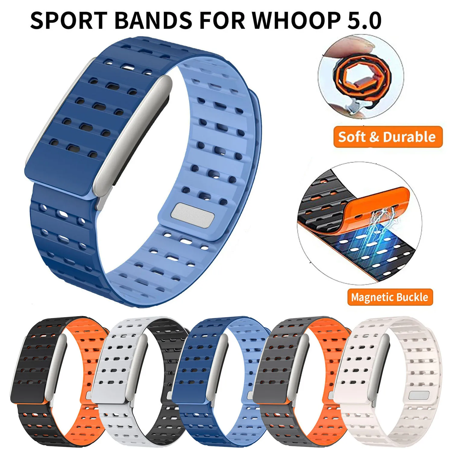 Soft Adjustable Rubber Band for Whoop 5.0 Replacement Strap Bracelet for Whoop 5.0 MG Heart Rate Monitor Magnetic Silicone Strap