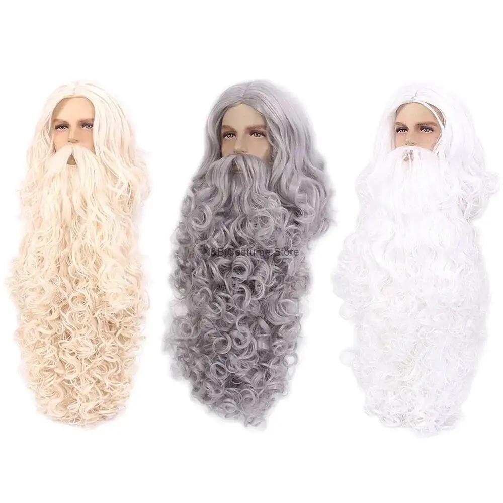

New Wizard Christmas Santa Claus Hair Wig+Beard Set Grey Long Curl Hair for Cosplay Halloween Costume Accessories Wig