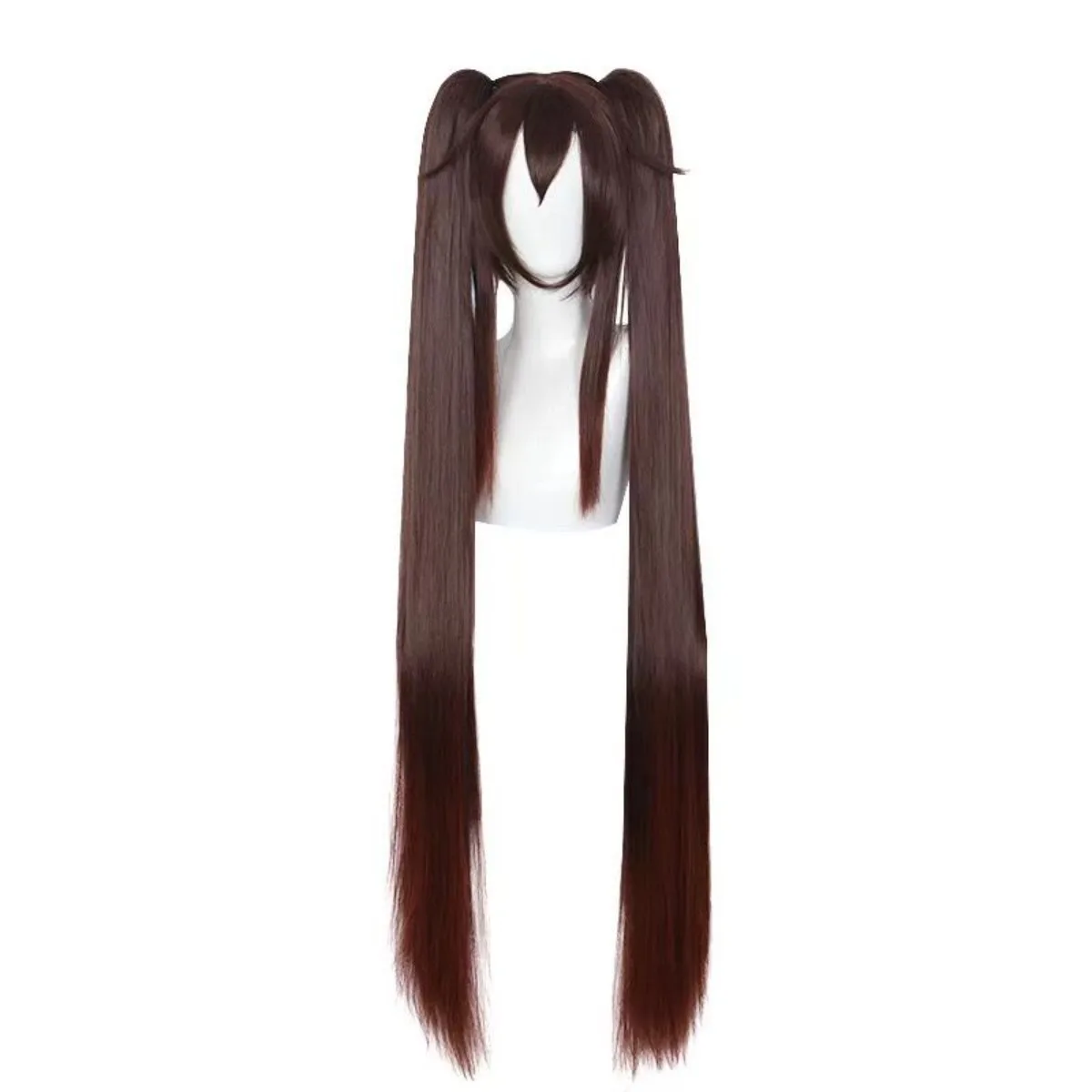 Peluca de cosplay Hu Tao de Genshin Impact con dos colas y degradado rojo-marrón, peluca completa liviana