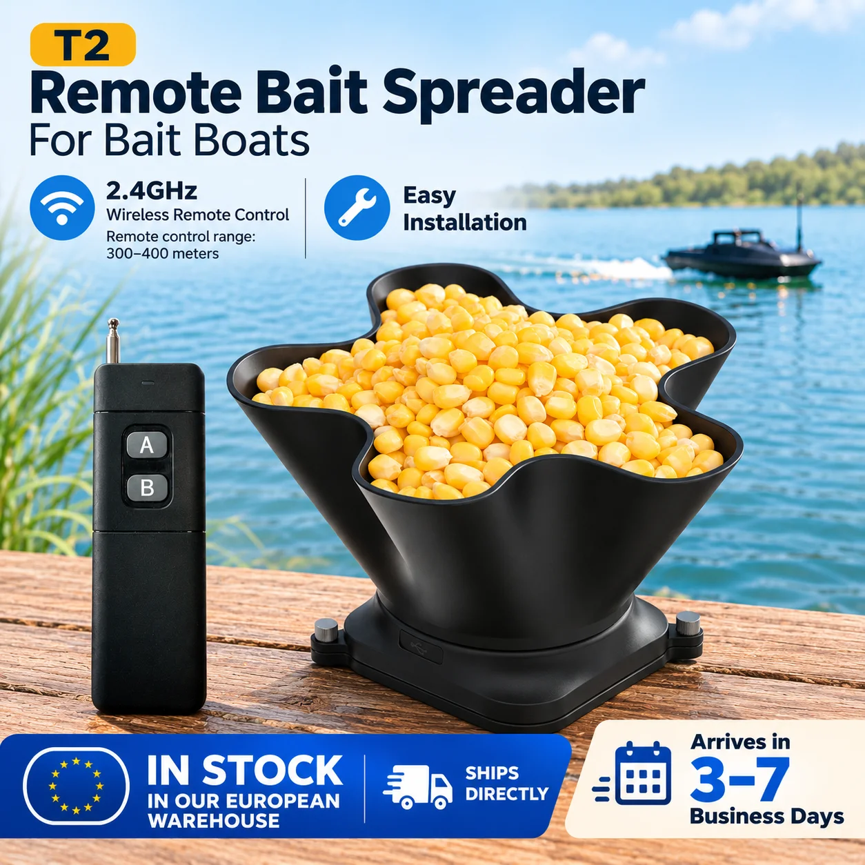 LOKEEVAN Distributore di Esche Telecomandato per Barche da Pesca 360 ° Spargitore di Esche Rotante Wireless 2.4GHz, Portata 300-400m, Impermeabile IP6