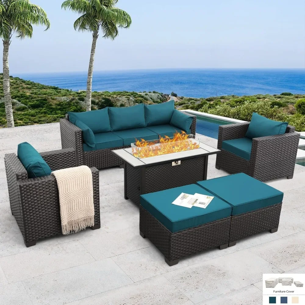 

6-Piece Outdoor Furniture Set with 45'' Propane Gas Fire Pit Table Outdoor Conversation Set Wicker Sofa Set