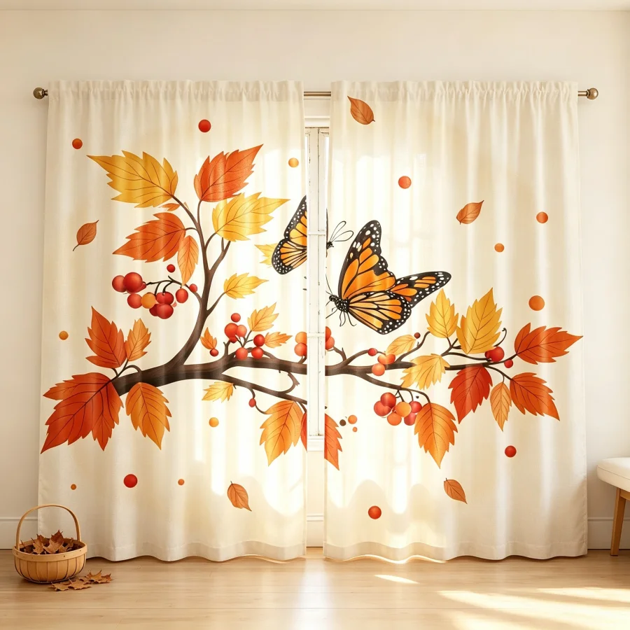 2PCS Digital Print Curtain, Autumn Branches with Butterflies, Fall Nature Garden Romantic Style for Living Room Bedroom Decor