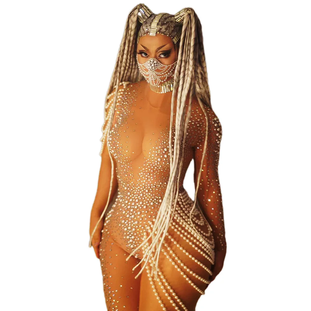 Nude Shining Rhinestones Beading Sexy Jumpsuits For Women Nightclub DJ Clothing Stage Singer Costumes Pole Dance Wear