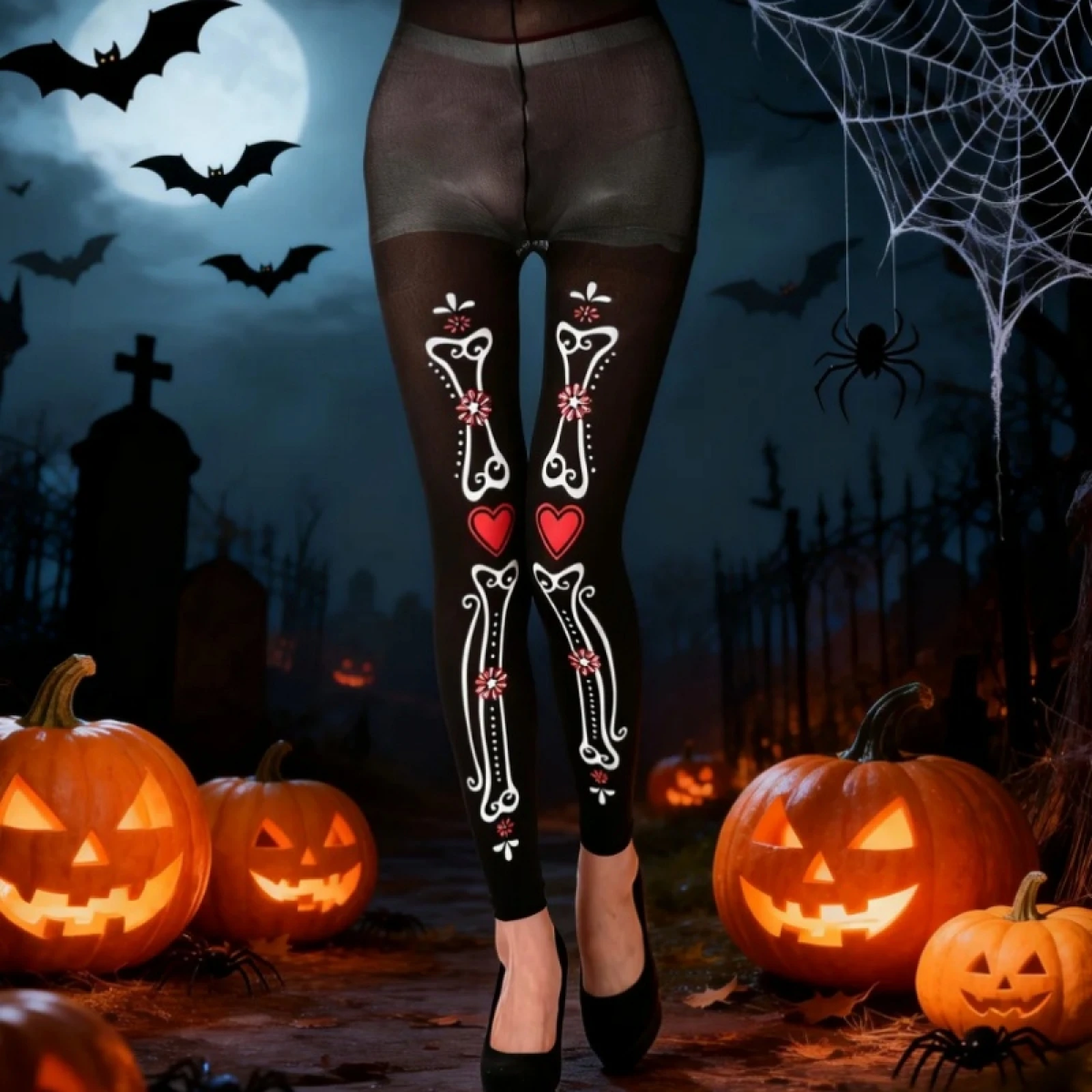Women's Sexy Halloween-Print Over-the-Knee Socks Ladies Sheer Tights Goth Bone Print Mesh Costume Pantyhose Cosplay