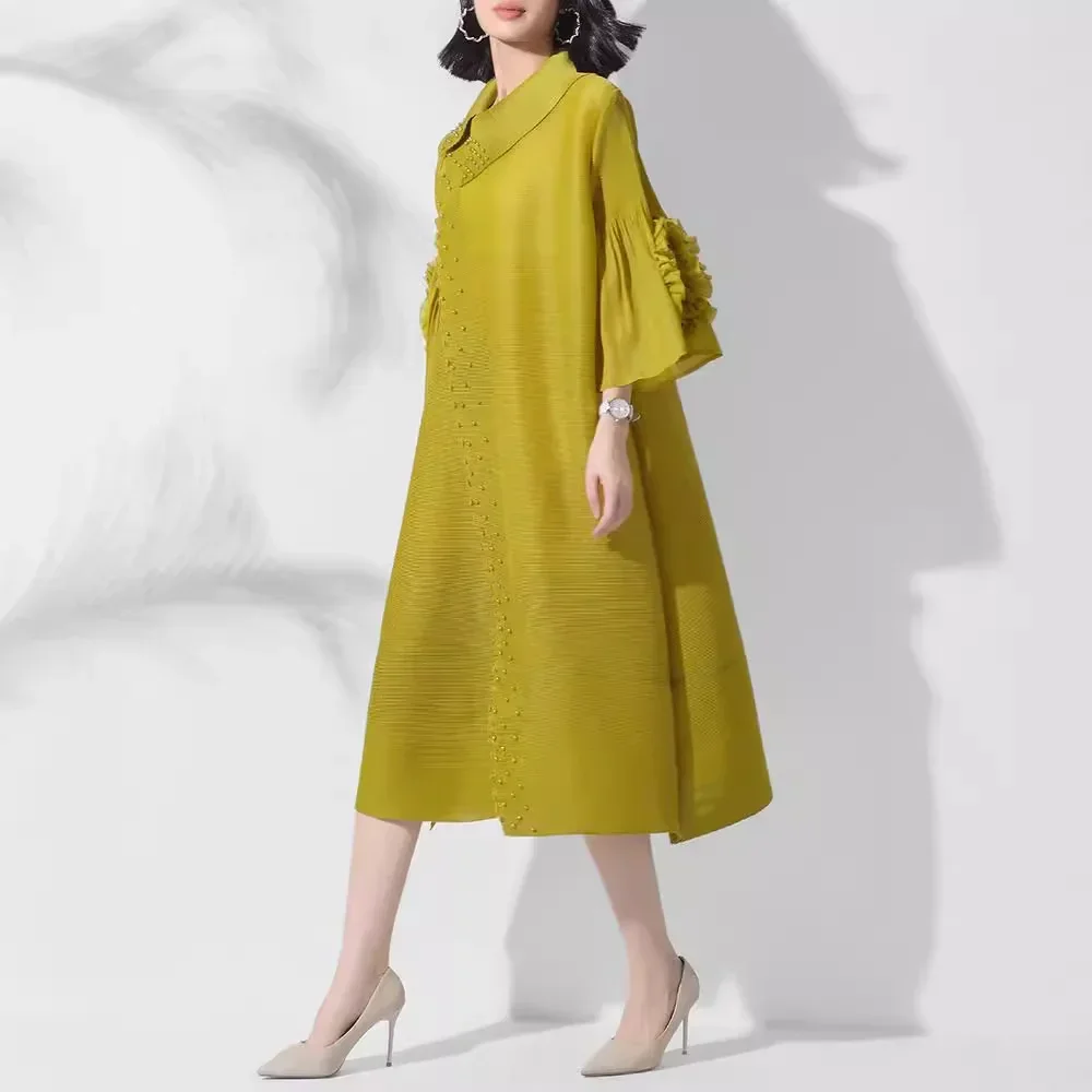 Miyake pleated dress autumn new high-end lapel loose thin bead disc flower horn sleeve elastic shaking dresses women's clothing