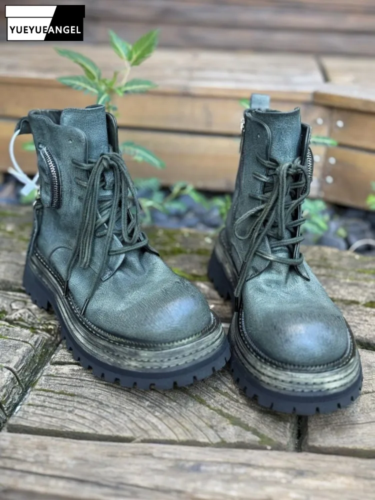 

British Style Genuine Leather Round Toe Platform Lace-Up Ankle Boots Solid Color Horsehide Female Zipper High Top Footwear