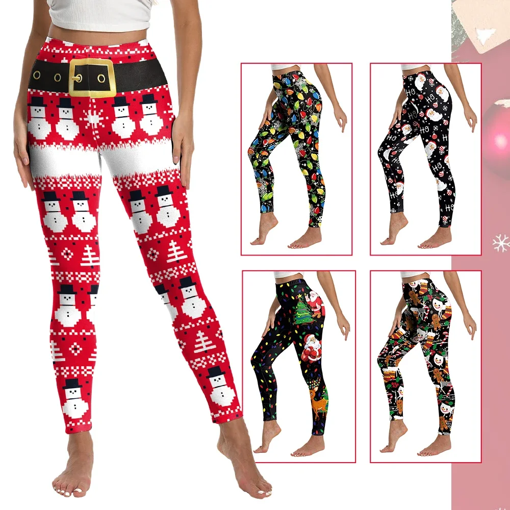 Legging Yoga wanita, Legging olahraga wanita, celana panjang Motif Santa Claus, pakaian olahraga pinggang tinggi, Legging Natal