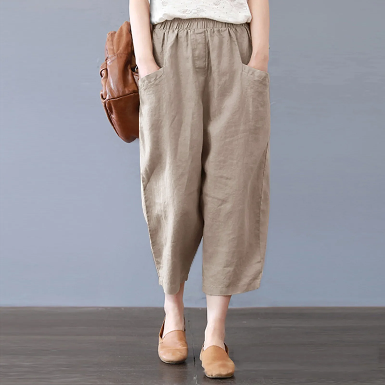 

2023 Summer Wide Leg Pants Women New In Casual Solid Color Cropped Pants High Waist Female Soft Elastic Cotton Linen Sweatpants