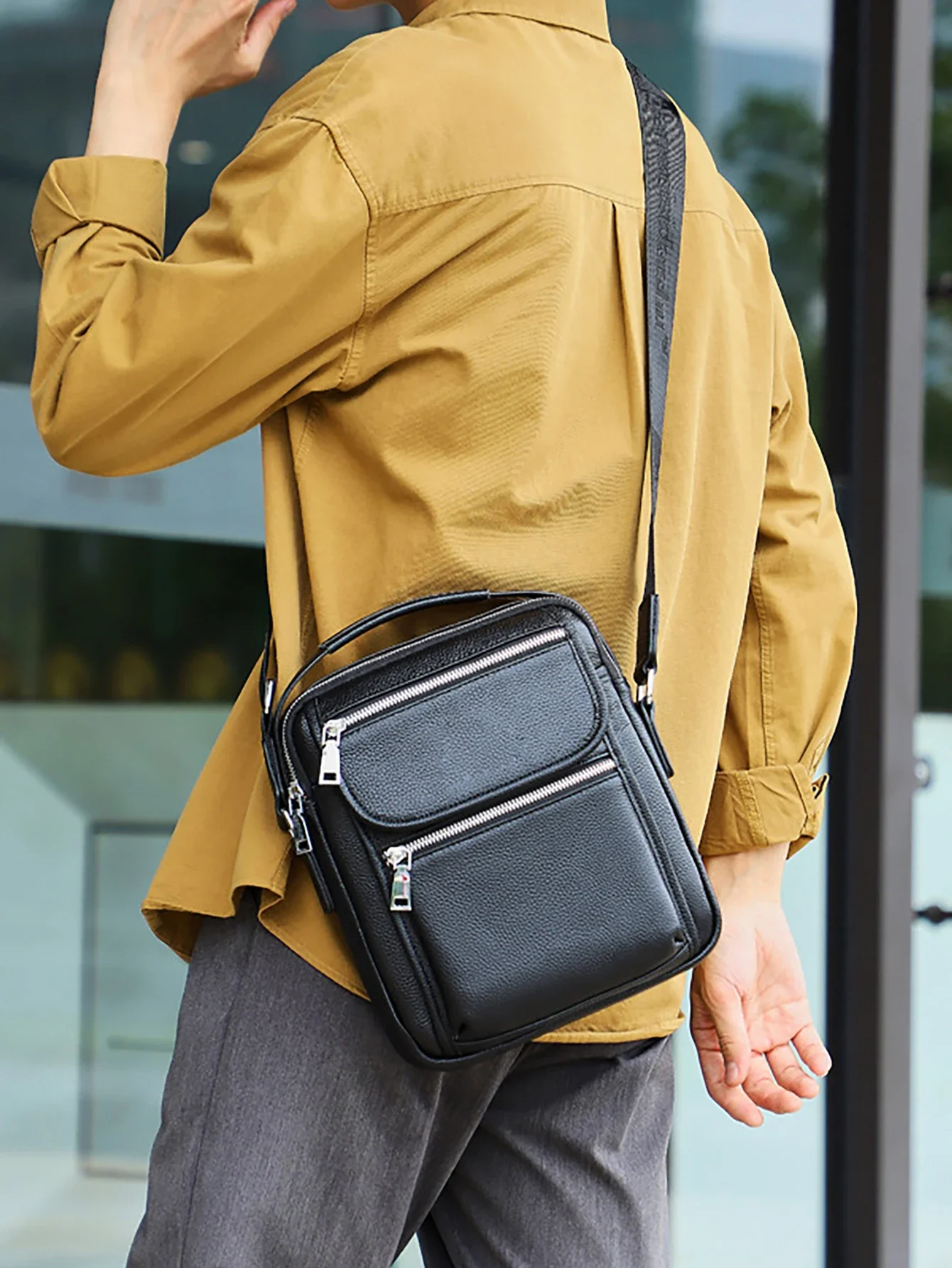 

​Men's Anti-Theft Crossbody Bag - Pebble PU Sling Bag w/ 3 Zippered Pockets, Fits 10" Tablet & Passport (Adjustable Strap)​​