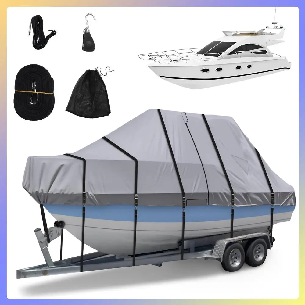 

1200D Center Console Boat Cover with Motor Covering & Adjustable Buckle Heavy Duty Yacht Dust Cover UV-Proof For Protecting Roof