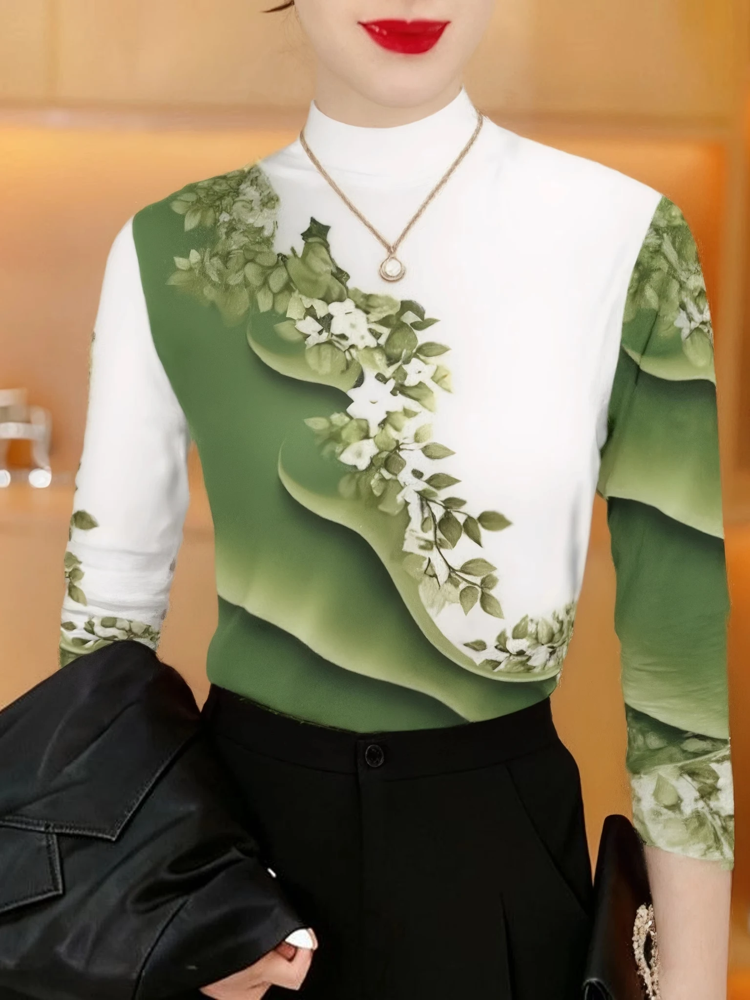 

Thickened Fleece Long Sleeve Floral Print Base Shirt Half High Collar Mommy Fashion Anti-Aging Warm Top for Middle-Aged Women