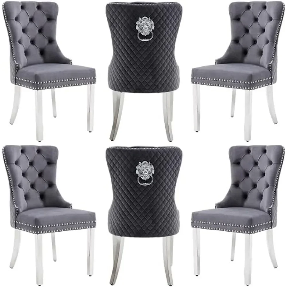 

Dining Chair Set of 6, Silver Stainless Steel Legs, Lion Head Pull Ring, Nailhead Trim, Button Tufted Back, Velvet Dining Chair