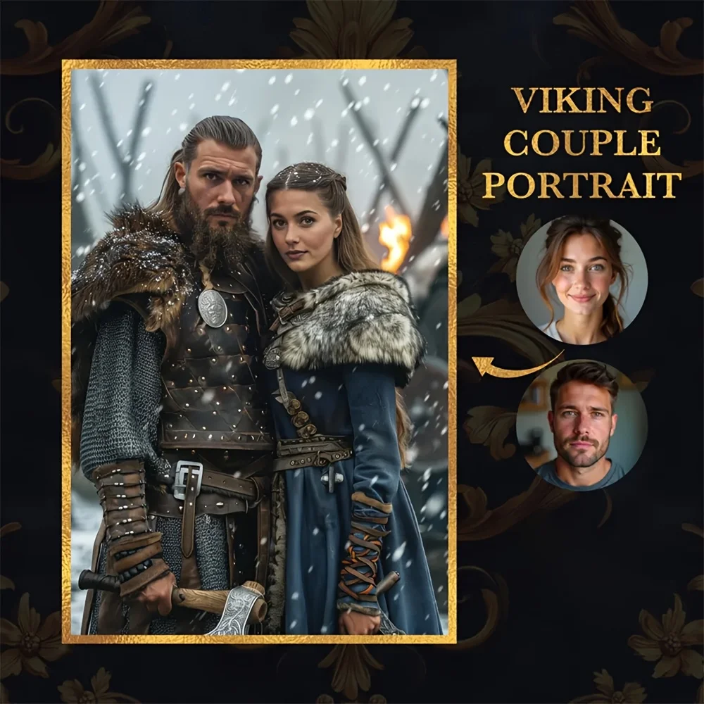 Unframed Custom Viking Couple Canvas Portrait Customize Lovers Photos Medieval Northern Warrior Outfit Art Print Romantic Home