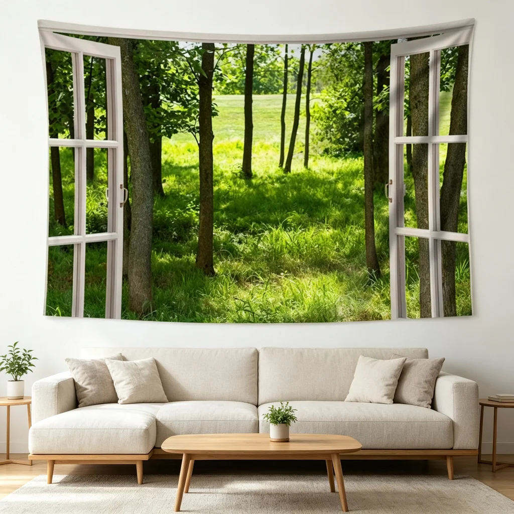 1PC Window Forest Print Backdrop Banner, Bedroom Living Room Photo Background, Polyester Wall Hanging, Home Decor, Wall Art