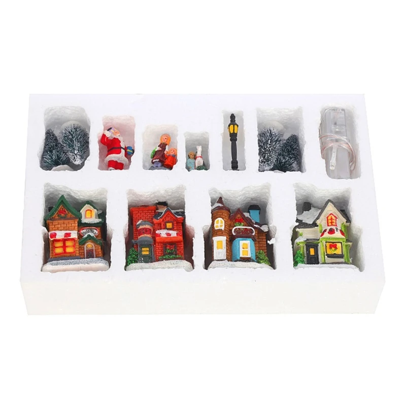 Winter Christmas Resin Village House Scene LED Lighted Luminous Xmas Tree DIY Ornament Holiday Desktop Embellishments Dropship