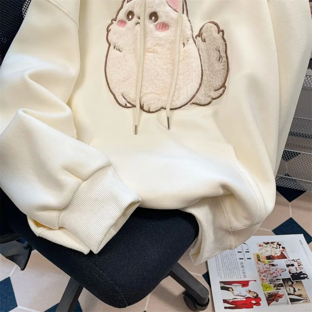 Cute Cat Plush Flocking Embroidery Y2K Hoodies for Girls Winter Loose Cotton Long Sleeve Sweatshirt Lovely Women Kawaii Clothes