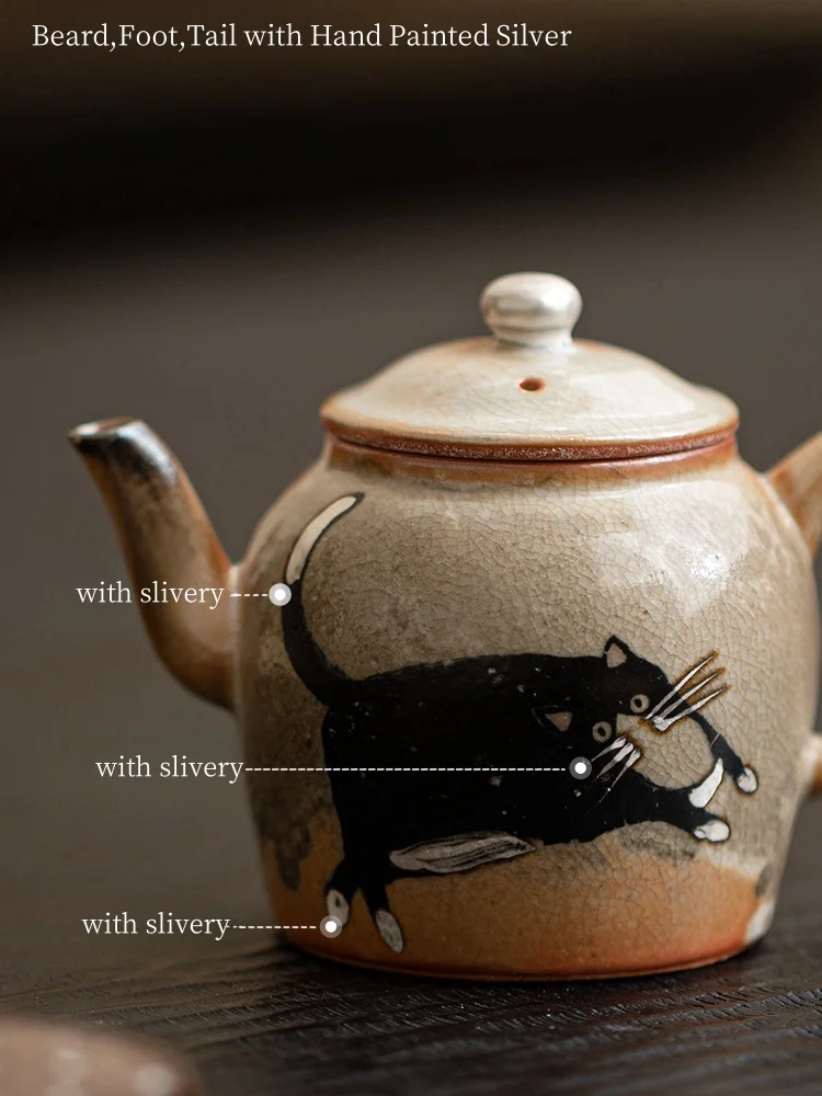 Handmade Gilt Silver Cat Teapot Japanese Wood-fired Porcelain Zhiye Pot Tea Maker Kettle Tea Services Accessories Collection