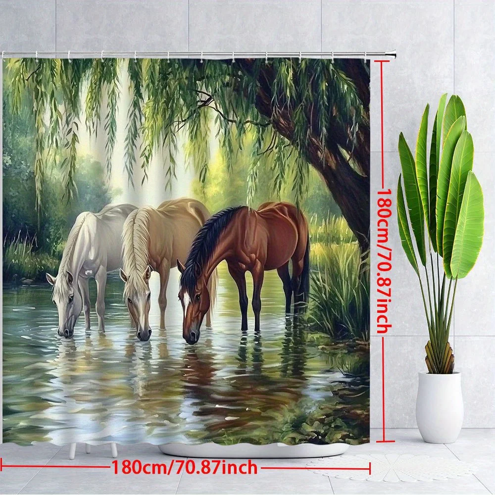 Waterproof Horse Pond Forest Shower Curtain Serene Nature Woodland Animal Bathroom Decor Liner Aesthetic Shower Curtain Bathroom