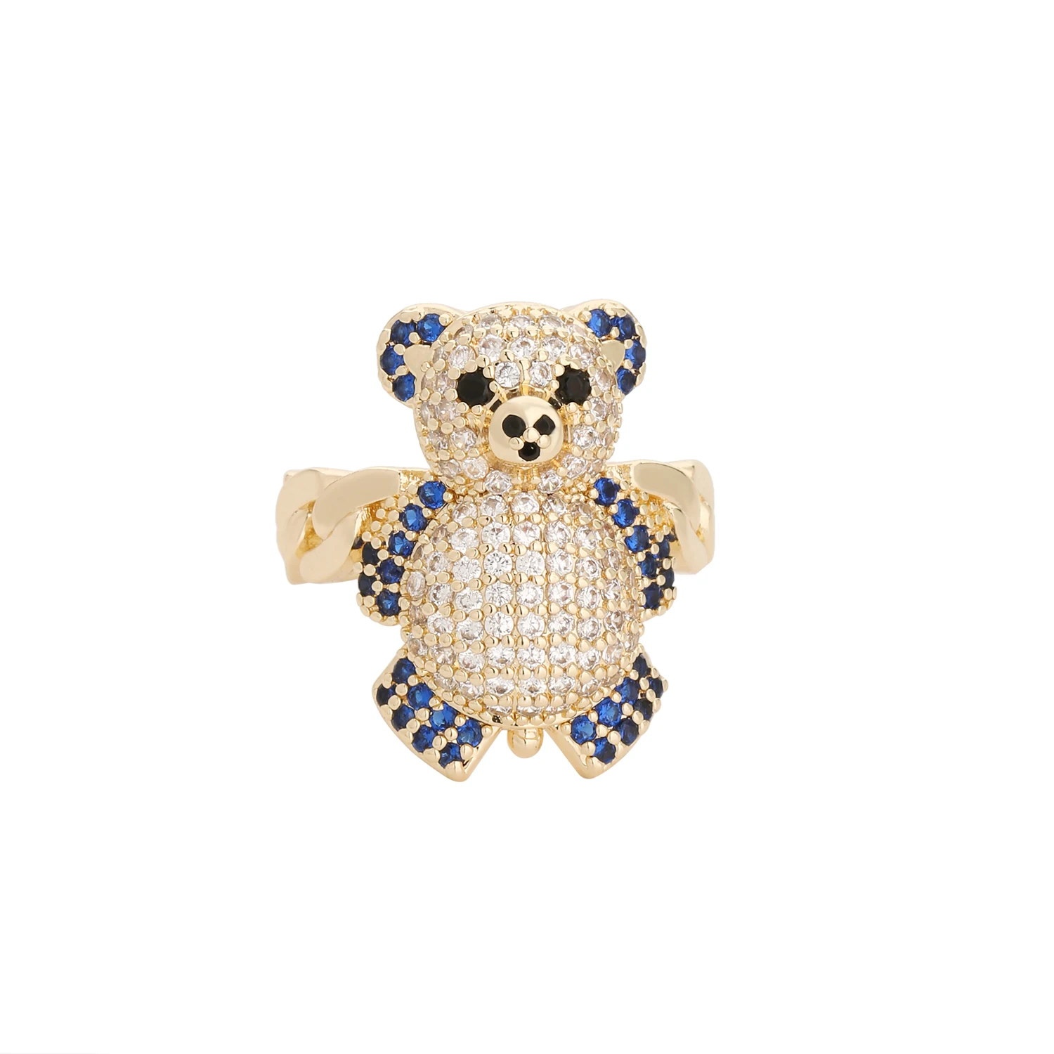 Wholesale Fashion Kids Gemstone Jewelry 14K Gold Plated Anime Cartoon Zircon Teddy Bear Ring for Women